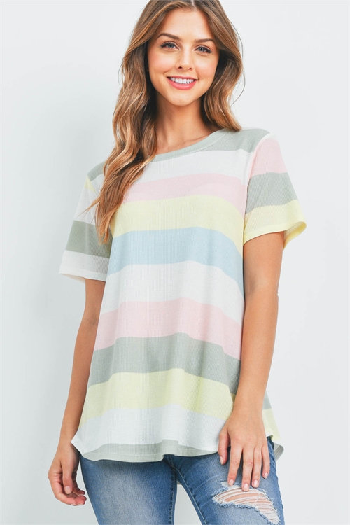 S10-15-3-PPT2366-YLWPK-1 - ROUND NECK MULTICOLOR STRIPES THERMAL TOP- YELLOW/PINK 0-2-2-0
