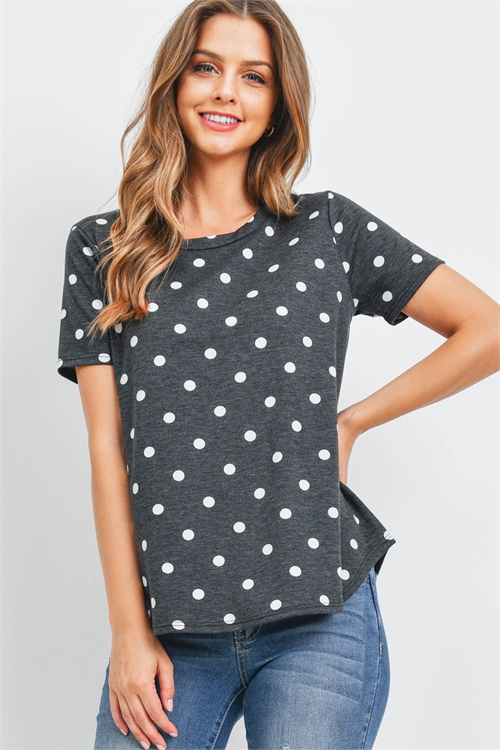 S9-6-4-PPT2371-BKWT - SHORT SLEEVES ROUND HEM POLKA DOTS TOP- BLACK-WHITE 1-2-2-2