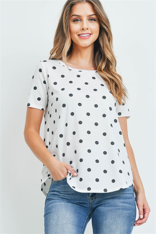 S10-11-2-PPT2371-IVBK-1 - SHORT SLEEVES ROUND HEM POLKA DOTS TOP- IVORY-BLACK 0-2-1-2