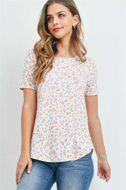 S12-7-3-PPT2372-IVPK - FLORAL SHORT SLEEVES ROUND HEM TOP- IVORY/PINK 1-2-2-2