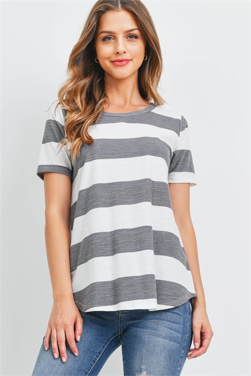 S11-18-2-PPT2373-CHLOFW-1 - STRIPES SHORT SLEEVES ROUND HEM TOP- CHARCOAL-OFF-WHITE 0-2-2-2