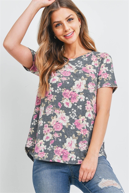 S16-3-4-PPT2376-BKDCRL - SHORT SLEEVES ROUND HEM FLORAL TOP- BLACK/D. CORAL 1-2-2-2