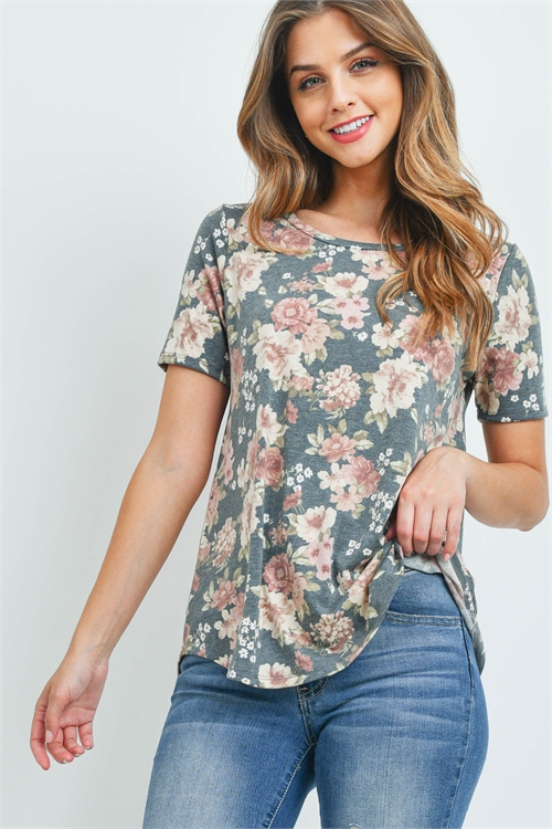 S9-13-3-PPT2376-OVDMV-1 - SHORT SLEEVES ROUND HEM FLORAL TOP- OLIVE/D. MAUVE 0-2-2-2