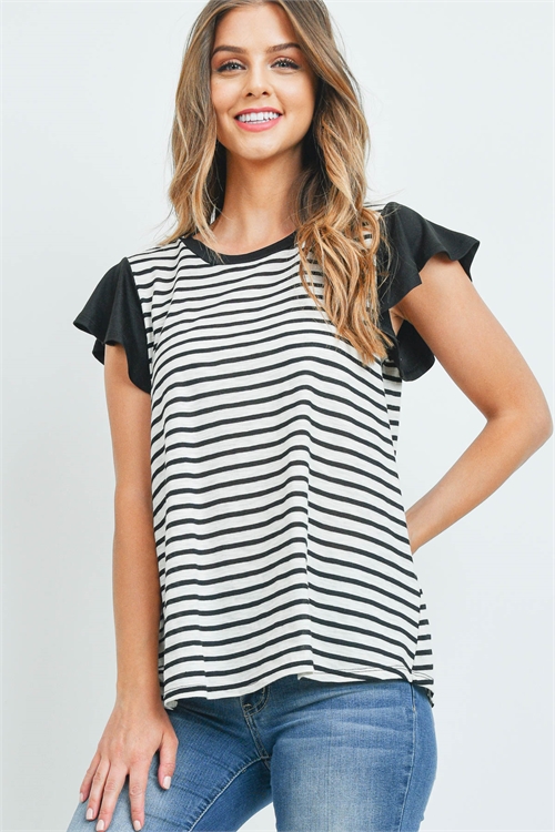 S10-18-2-PPT2377-BKBK-1 - SOLID FLUTTER SLEEVE STRIPES TOP- BLACK/BLACK 0-2-2-2