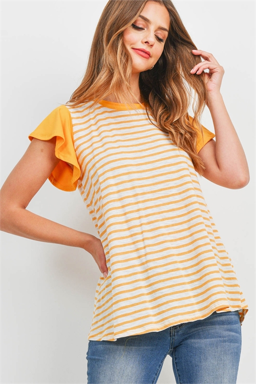 S10-13-3-PPT2377-YLWMU - SOLID FLUTTER SLEEVE STRIPES TOP- YELLOW/MUSTARD 1-2-2-2