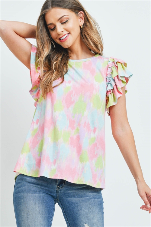 S11-14-1-PPT2379-PKLMBL - LAYERED RUFFLE SLEEVES TIE DYE TOP- PINK/LIME/BLUE 1-2-2-2