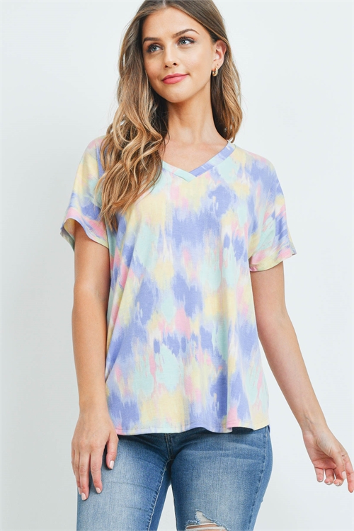 S10-14-4-PPT2380-LVDPKMNT - TIE DYE V-NECK SHORT SLEEVE TOP- LAVENDER-PINK-MINT 1-2-2-2 (NOW $2.75 ONLY!)