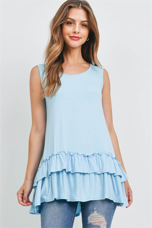 S8-5-4-PPT2384-AQ - LAYERED RUFFLE HEM SOLID TANK TOP- AQUA 1-2-2-2