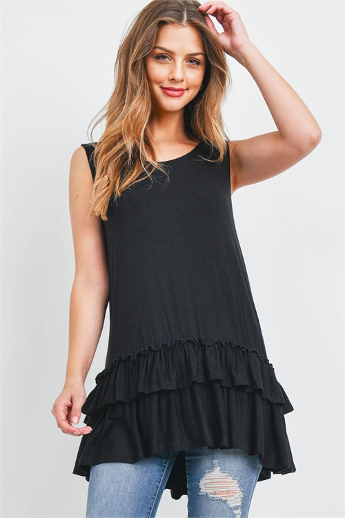 S9-16-2-PPT2384-BK-1 - LAYERED RUFFLE HEM SOLID TANK TOP- BLACK 0-1-2-2