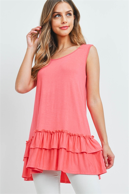 BLK-11-4-PPT2384-CRL-A -LAYERED RUFFLE HEM SOLID TANK TOP-CORAL 8-19-0-0