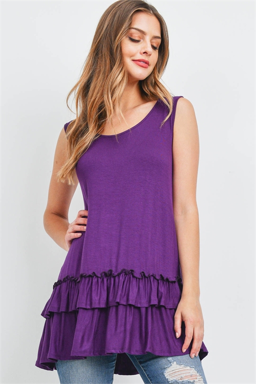 S9-16-2-PPT2384-EP-1 - LAYERED RUFFLE HEM SOLID TANK TOP- EGGPLANT 0-1-2-1