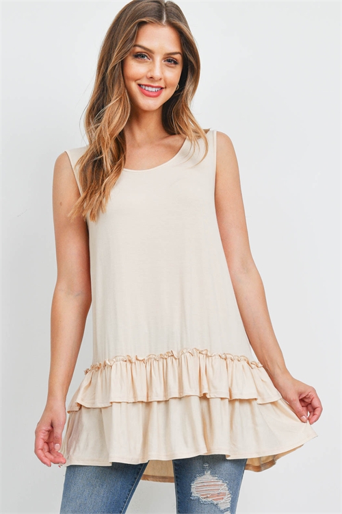 S10-16-2-PPT2384-TP-1 - LAYERED RUFFLE HEM SOLID TANK TOP- TAUPE 2-3-2-0