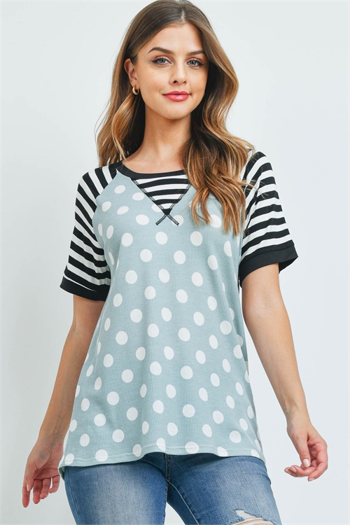 S10-20-2-PPT2388-MNT - THERMAL POLKA DOT STRIPES NECK AND SLEEVE TOP- MINT-OFF-WHITE/BLACK-IVORY/BLACK 0-1-2-2