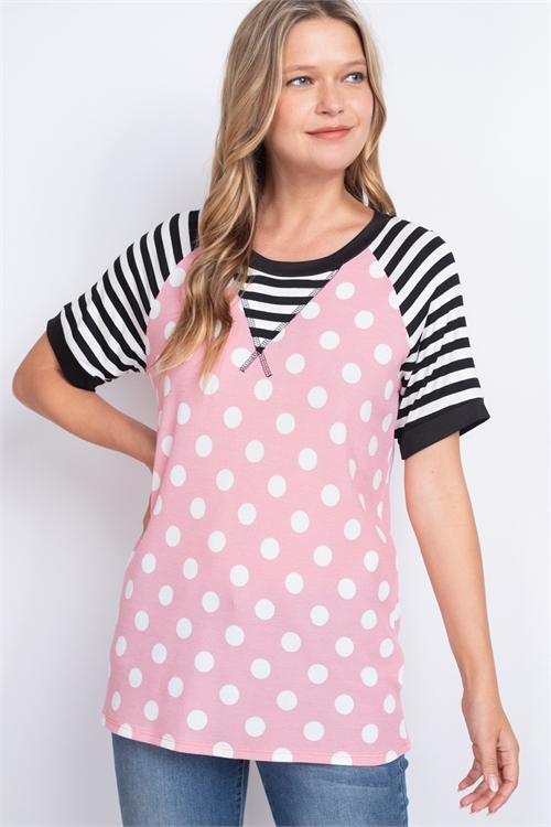 S10-18-2-PPT2388-PK - THERMAL POLKA DOT STRIPES NECK AND SLEEVE TOP- PINK-OFF-WHITE/BLACK-IVORY/BLACK 1-2-2-2