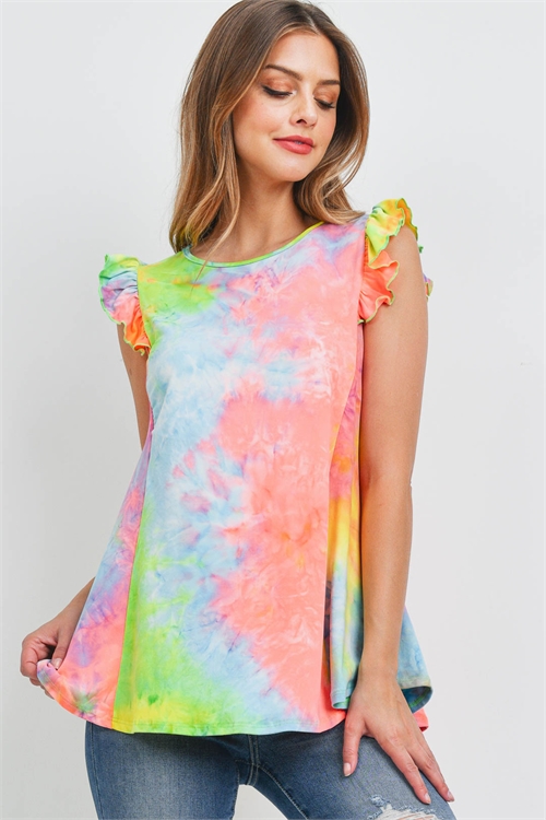 S7-10-2-PPT2391-BL - RUFFLE CAP SLEEVES TIE DYE TOP- BLUE 1-2-2-2