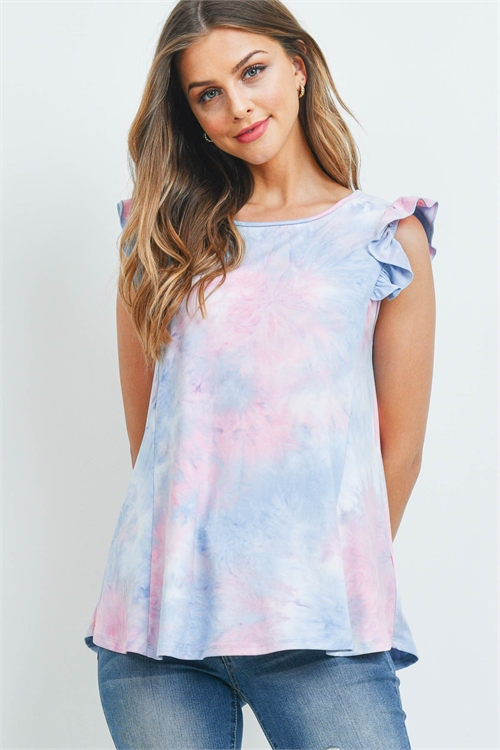 S7-8-3-PPT2391-PKDNM - RUFFLE CAP SLEEVES TIE DYE TOP- PINK DENIM 1-2-2-2