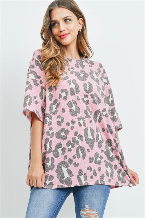 S16-12-4-PPT2394-PKTP-1 - OVERSIZED LEOPARD PRINT ROUND NECK TOP- PINK/TAUPE 2-4