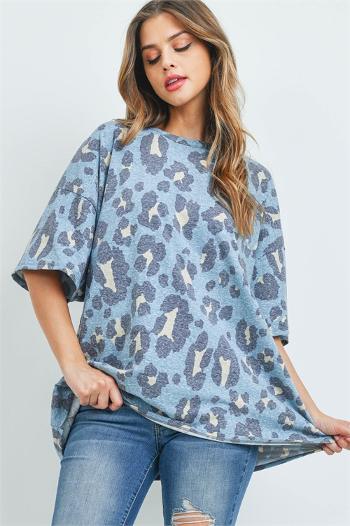 SA3-0-3-PPT2394-TL - OVERSIZED LEOPARD PRINT ROUND NECK TOP- TEAL 3-4