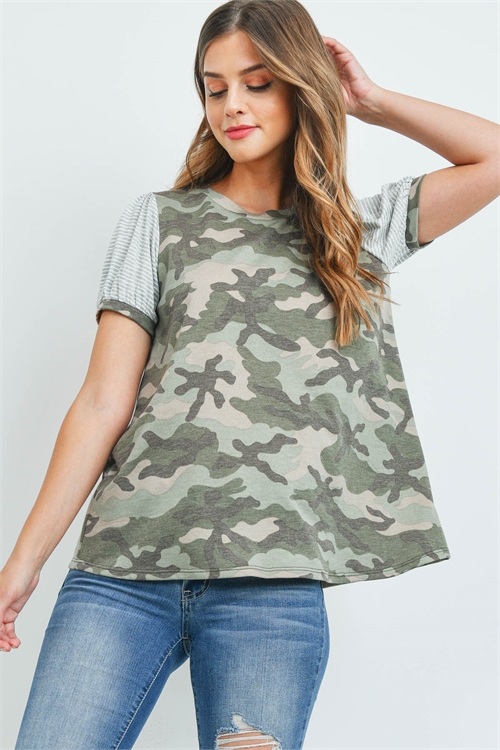 S12-6-1-PPT2397-MSHGIV - STRIPES PUFF SLEEVE CAMO TOP- MOSS/HEATHER GREY/IVORY 1-2-2-2