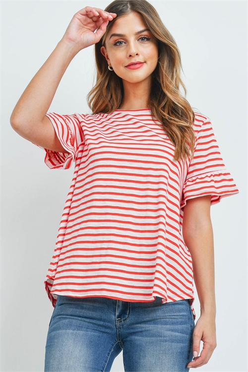 S16-1-2-PPT2400-RD - BELL SLEEVES ROUND NECK STRIPES TOP- RED 1-2-2-2