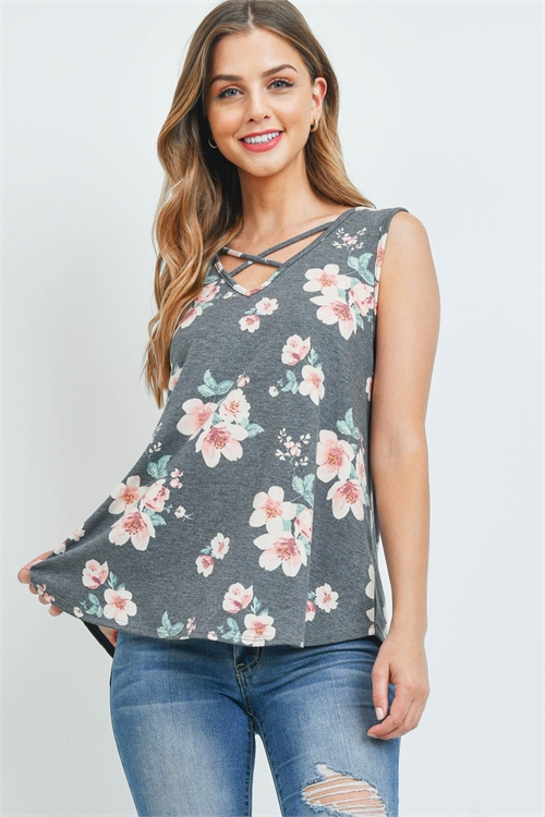S10-1-4-PPT2401-CHL - CRISS CROSS FLORAL TANK TOP- CHARCOAL 1-2-2-2