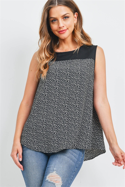 S10-17-3-PPT2403-BKTNBK-1 - SOLID CONTRAST PRINTED HI-LOW HEM TOP- BLACK/TAN-BLACK 0-2-2-2