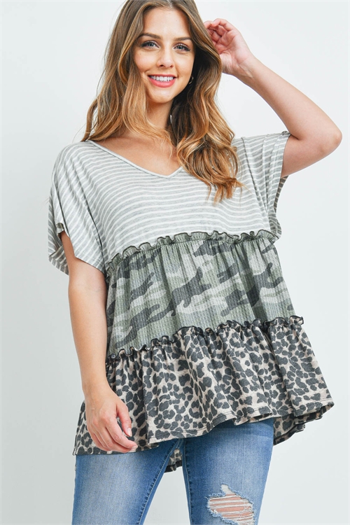 S10-7-3-PPT2408-HGIVAGCHL - CAMO LEOPARD STRIPES RUFFLE CONTRAST V-NECK TOP- HEATHER GREY/IVORY-ARMY GREEN/CHARCOAL-GREY/BLACK 1-2-2-2