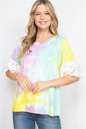 S10-17-2-PPT2417-MGTYLWIV - LACE RUFFLE SLEEVE TIE DYE TOP- MAGENTA-YELLOW/IVORY 1-2-2-2