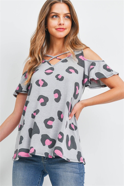 S4-3-3-PPT2420-STLHTPK - COLD SHOULDER CRISS CROSS LEOPARD TOP- STEEL-HOT PINK 1-2-2-2