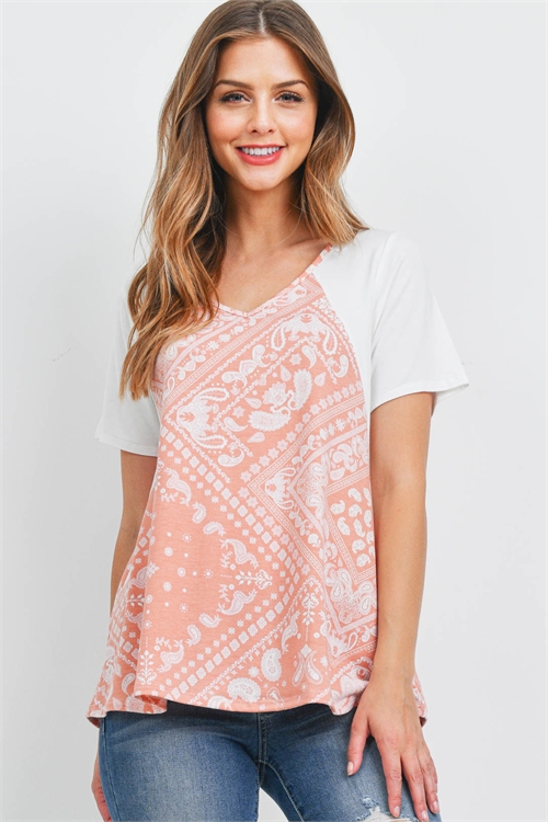 S8-12-1-PPT2424-PCHIV-1 - SOLID SLEEVE V-NECK PAISLEY PRINT TOP- PEACH-IVORY 0-2-2-2
