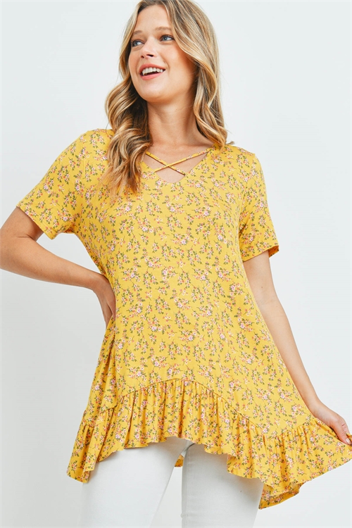 S11-15-3-PPT2429-YLWRUBWN-1 - FLORAL PRINT CRISS ROSS NECKLINE SHARK BITE HEM TOP- YELLOW/RUST/BROWN 0-2-2-0