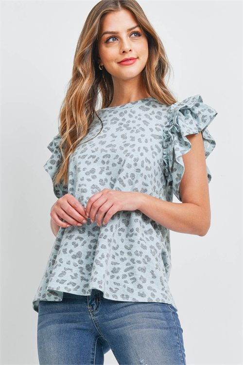 S9-7-1-PPT2431-MNT - LAYERED RUFFLE SLEEVE LEOPARD TOP- MINT 1-2-2-2