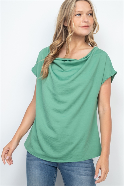 S11-1-1-PPT2438-GNDST - CAP SLEEVE COWL NECK WOVEN TOP- GREEN DUSTY 1-2-2-2