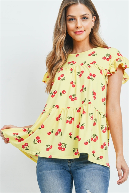 S10-15-2-PPT2441-YLW-1 - RUFFLE CAP SLEEVE CHERRY PRINT TIERED TOP- YELLOW 0-1-2-1