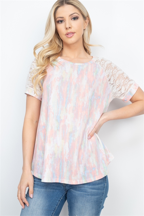 S10-5-1-PPT2445-GNMNTPCHIV - LACE SLEEVE THERMAL TIE DYE TOP- GREEN/MINT/PEACH-IVORY 1-2-2-2