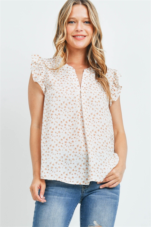 S12-7-3-PPT2446-IVCB-1 - NOTCH NECK RUFFLE CAP SLEEVE FLORAL TOP- IVORY COMBO 0-2-2-2