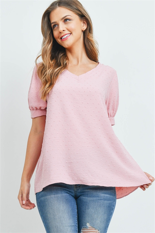 S8-6-3-PPT2454-BLS - V-NECK PUFF SLEEVE SWISS DOT TOP- BLUSH 1-2-2-2