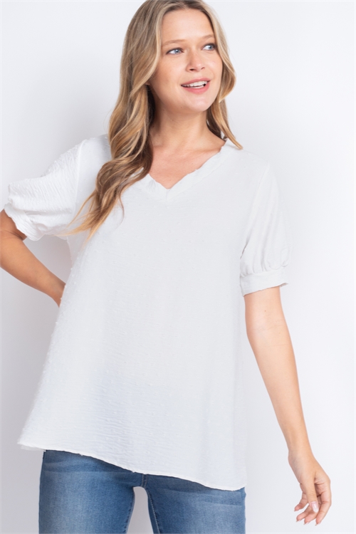 S12-3-2-PPT2454-IV-1 - V-NECK PUFF SLEEVE SWISS DOT TOP- IVORY 3-3-0-0