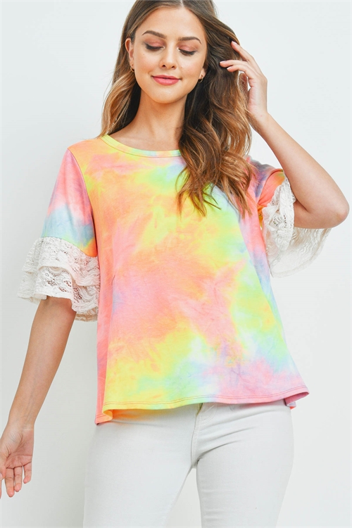 S11-15-3-PPT2455-BLYLWPKIV-1 - LAYERED LACE RUFFLE SLEEVE TIE DYE TOP- BLUE-YELLOW-PINK/IVORY 1-1-1-1