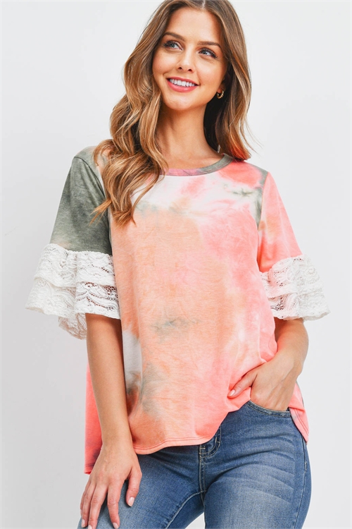 S11-15-3-PPT2455-OVCRLIV-1 - LAYERED LACE RUFFLE SLEEVE TIE DYE TOP- OLIVE-CORAL/IVORY 1-0-2-2