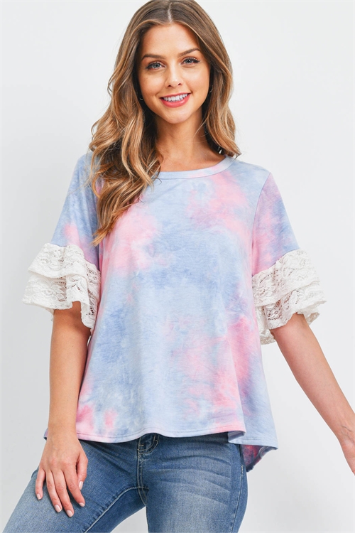 S11-15-3-PPT2455-PKDNMIV-1 - LAYERED LACE RUFFLE SLEEVE TIE DYE TOP- PINK-DENIM/IVORY 1-2-1-1