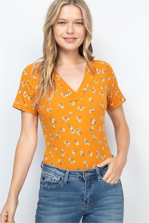 S10-19-2-PPT2457-GDLMN-1 - RIB FLORAL PRINT V-NECK SHORT SLEEVE BODYSUIT- GOLD-LEMON 0-2-2-2