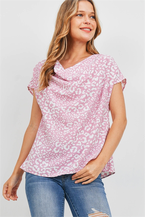 S10-6-1-PPT2458-PK-A -COWL NECKLINE LEOPARD PRINT WOVEN TOP-PINK 1-2-2-0