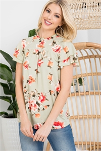 S12-5-1-PPT2467-SG - RUFFLE NECK AND SLEEVE FLORAL TOP- SAGE 1-2-2-2