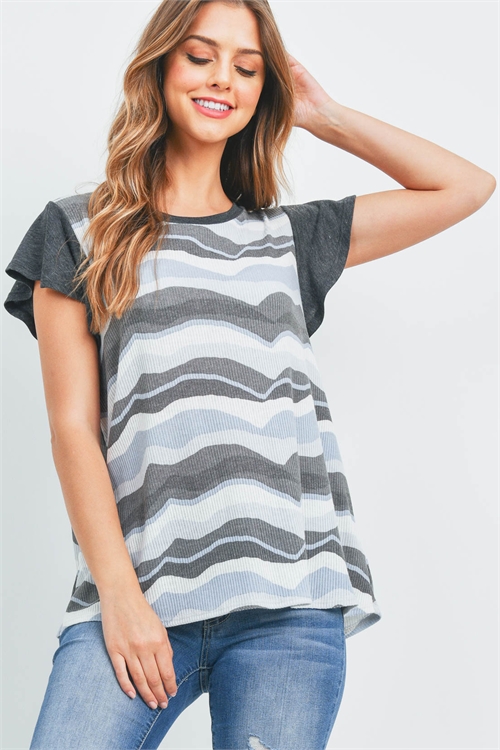 S6-7-2-PPT2475-CHLGYLTCHL - RIB ZEBRA STRIPES CAP SLEEVES TOP- CHARCOAL-GREY-SLATE/CHARCOAL 1-2-2-2