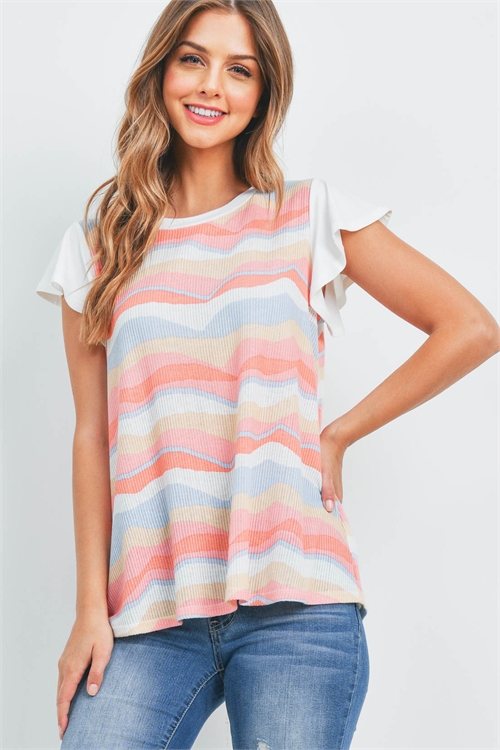 S6-7-2-PPT2475-PCHRSBLIV - RIB ZEBRA STRIPES CAP SLEEVES TOP- PEACH-ROSE-BLUE/IVORY 1-2-2-2