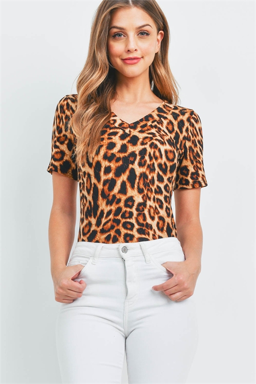 S8-13-3-PPT2476-AMBR-2 - KNIT LEOPARD V-NECK BODY SUIT- AMBER 5-0-0-0