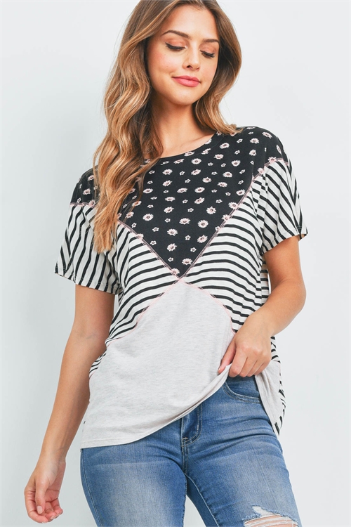 S16-12-2-PPT2478-IVBKBKMVOTM-1 - COLOR BLOCK STRIPE FLORAL CONTRAST TOP- IVORY-BLACK/BLACK-MAUVE/OATMEAL 0-0-2-2