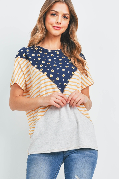 S16-12-2-PPT2478-IVMUNVYLWOTM-1 - COLOR BLOCK STRIPE FLORAL CONTRAST TOP- IVORY-MUSTARD/NAVY-YELLOW/OATMEAL 0-2-0-2