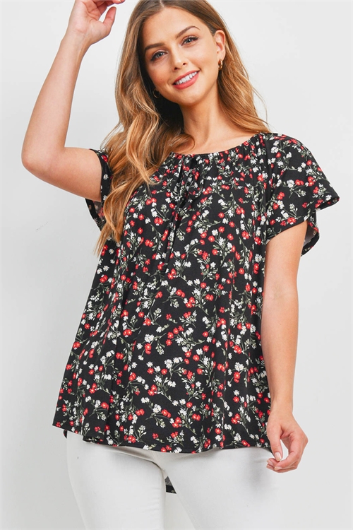 S10-17-2-PPT2479-BK-1 - OFF-SHOULDER FLORAL PRINT TOP- BLACK 0-2-2-2